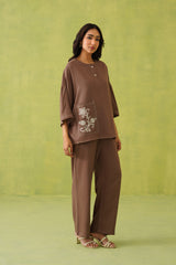 Noor Brown Linen Embroidered Coord Set