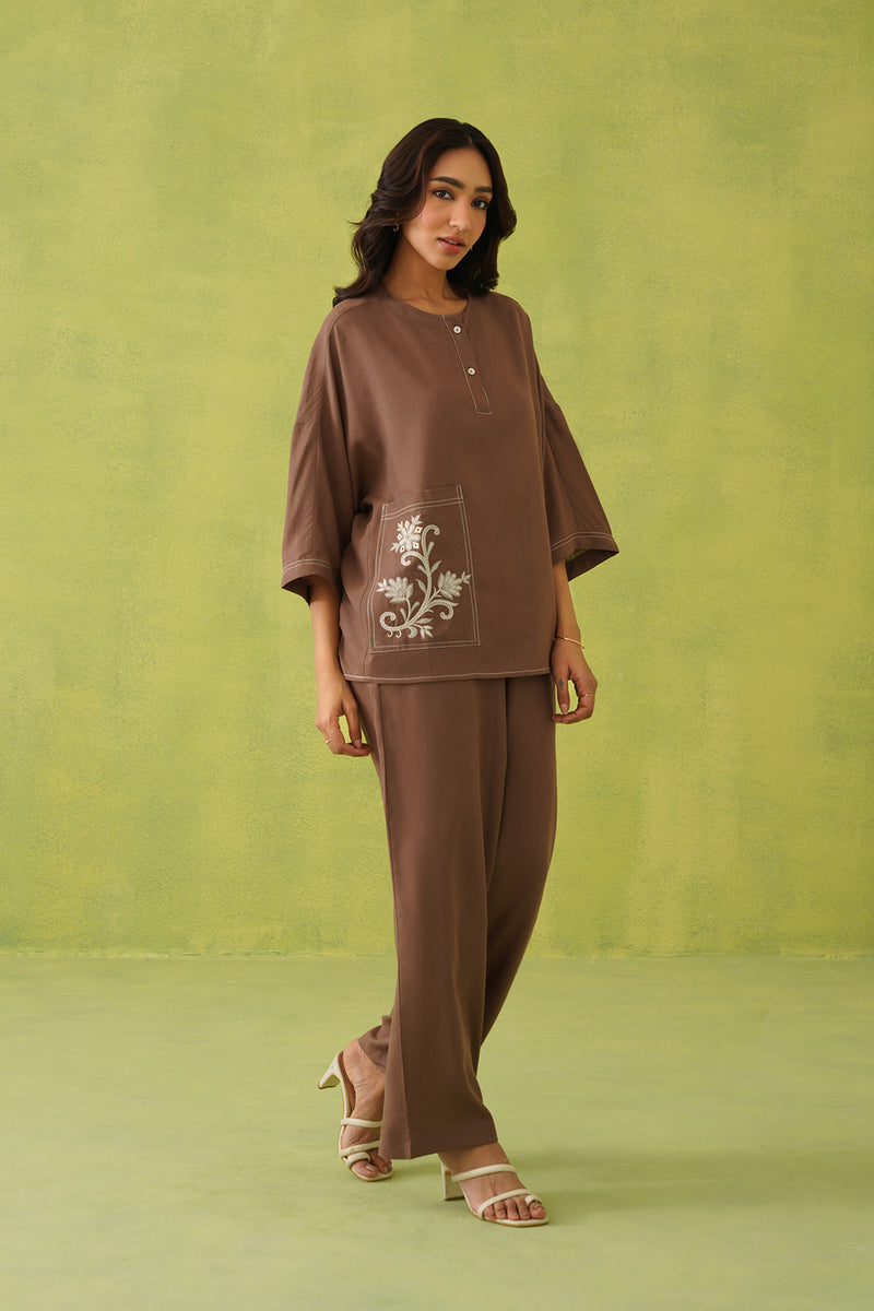 Noor Brown Linen Embroidered Coord Set