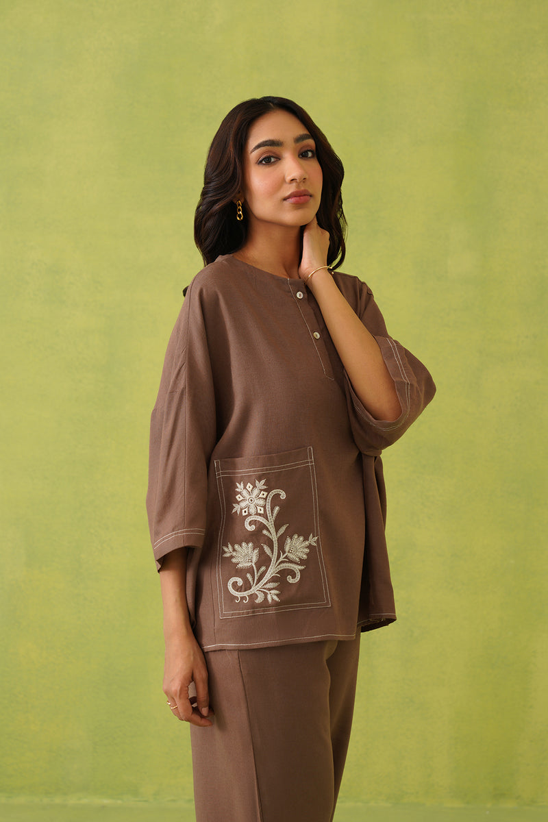 Noor Brown Linen Embroidered Coord Set