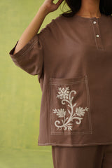 Noor Brown Linen Embroidered Coord Set