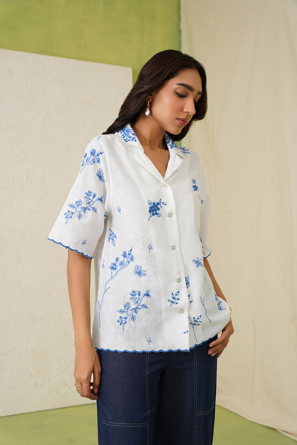 White Linen Printed Top