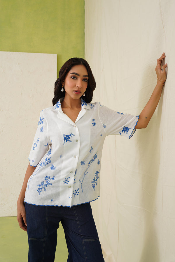 White Linen Printed Top