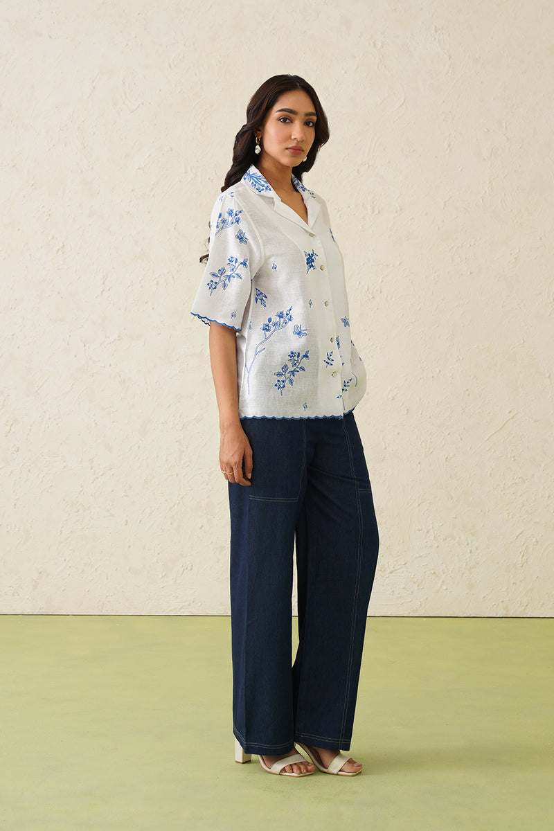 Linen Embroidered Top With Denim Pant