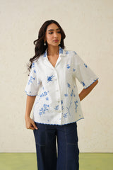 White Linen Printed Top
