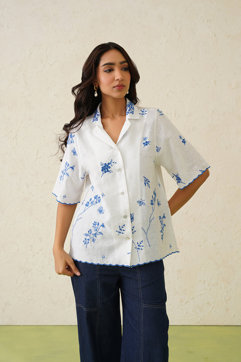 White Linen Printed Top