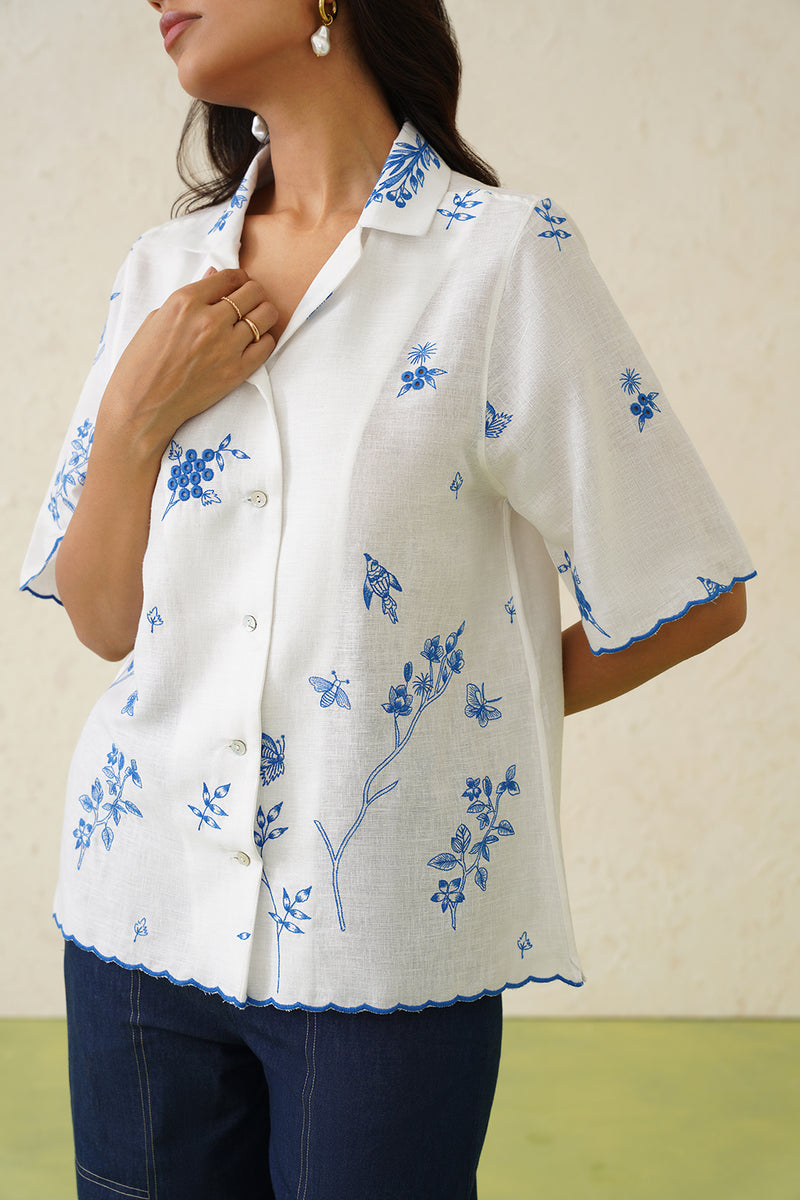 White Linen Printed Top