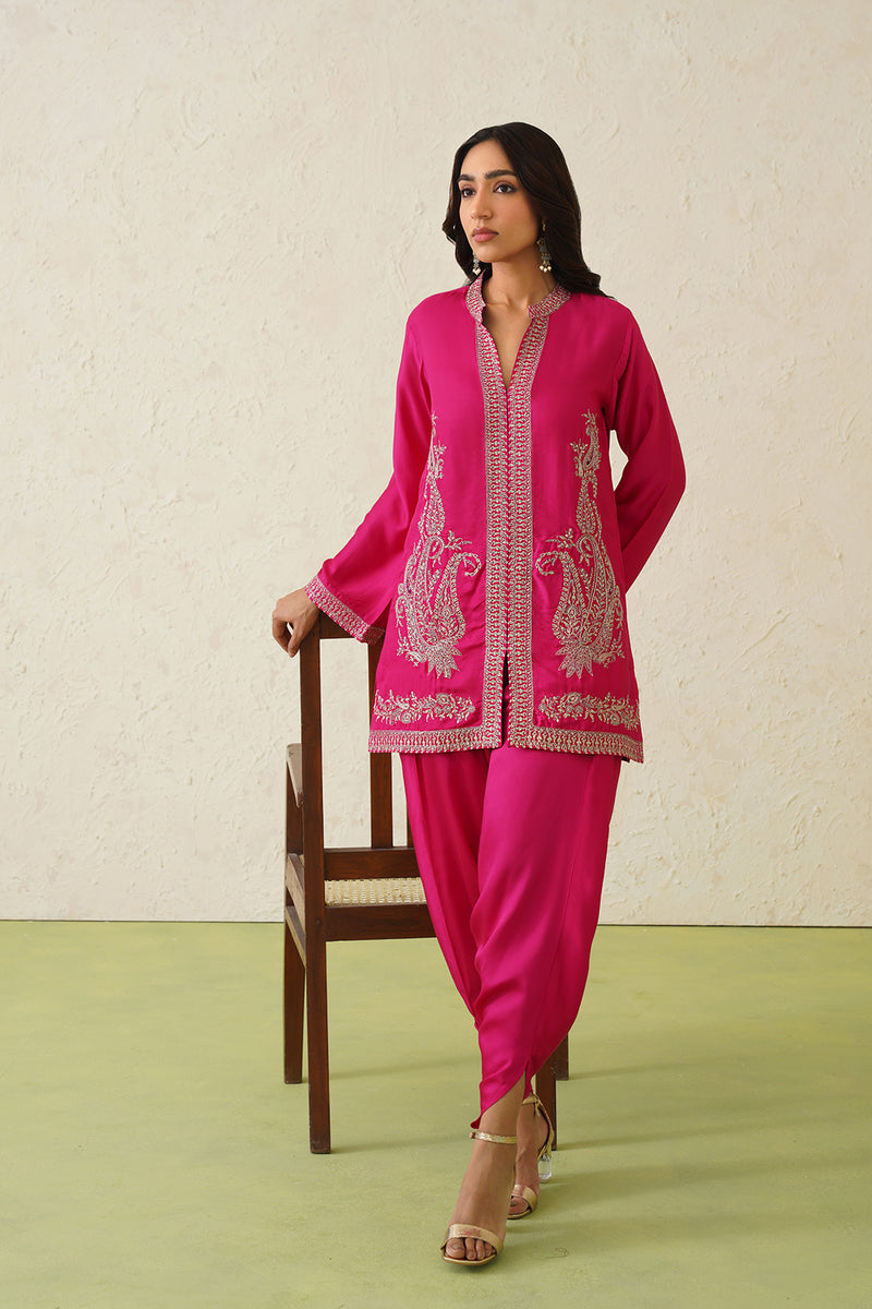 Hot Pink Paisley Embroidered Dhoti Set- Inchingindia