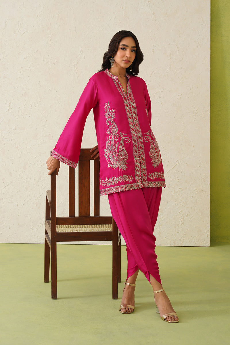 Hot Pink Paisley Embroidered Dhoti Set- Inchingindia