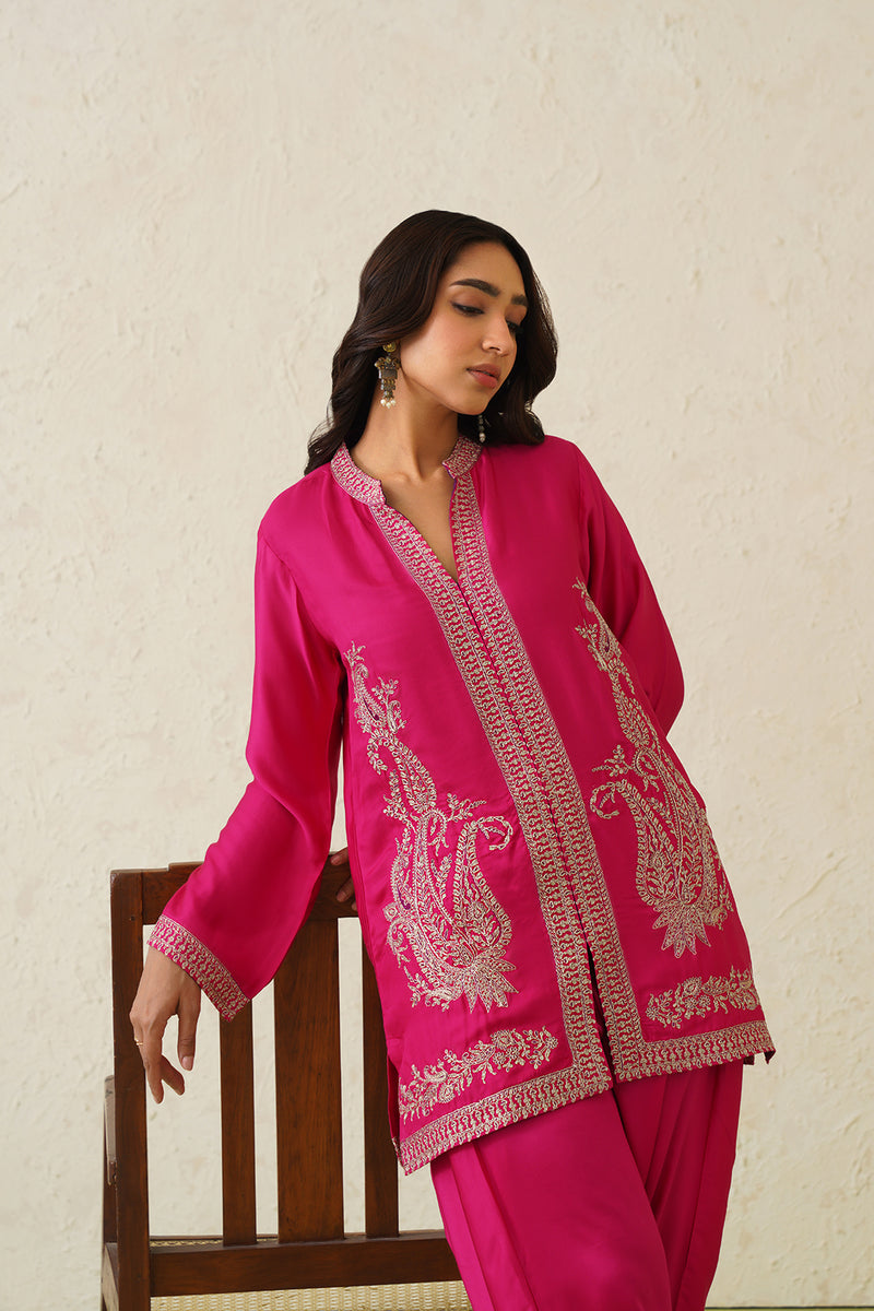 Hot Pink Paisley Embroidered Dhoti Set- Inchingindia