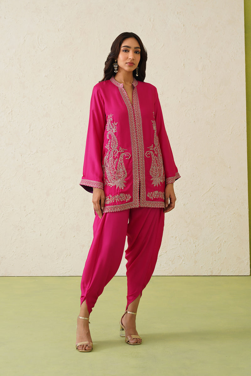 Hot Pink Paisley Embroidered Dhoti Set