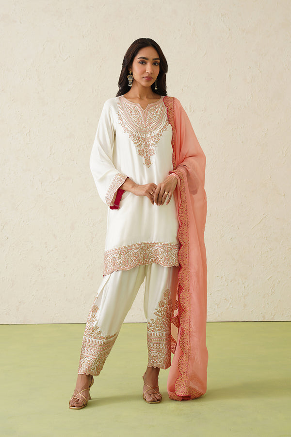 Noor Cream Embroidered Set with Organza Dupatta- Inchingindia