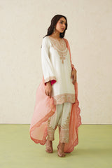 Noor Cream Embroidered Set with Organza Dupatta- Inchingindia