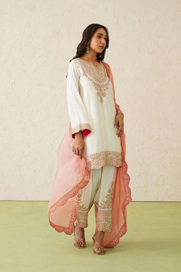 Noor Cream Embroidered Set with Organza Dupatta- Inchingindia