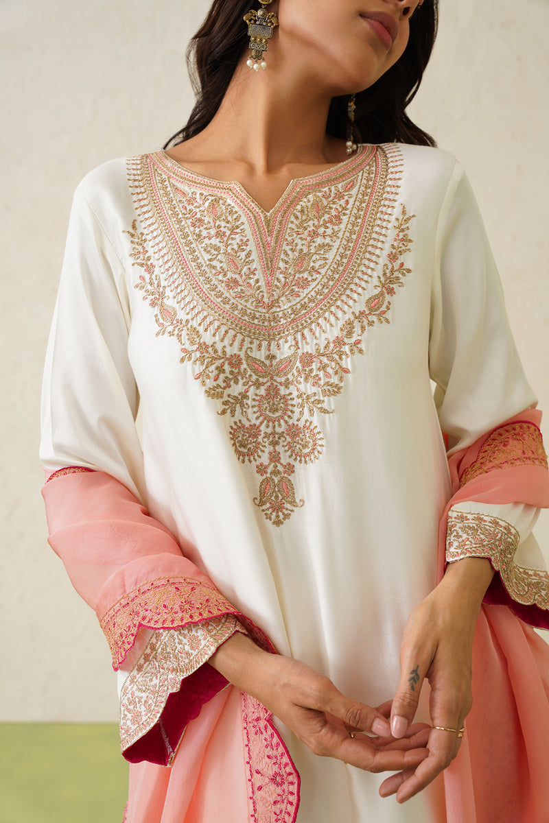 Noor Cream Embroidered Set with Organza Dupatta