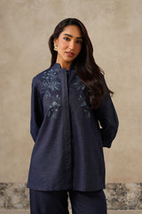 rose tonal embroidery on denim shirt