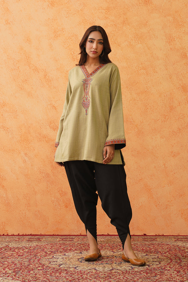 Women's Safar Green Wool Set with Dhoti-Inching India  