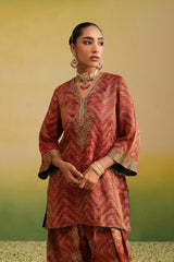 kurta of rust printed farshi salwar set with embroidered neckline and dupatta