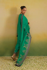 Back view of emerald green hand embroidered kurta with dupatta drape