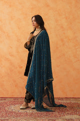 Black Velvet Embroidered Suit with Teal Contrast Dupatta- Inching India