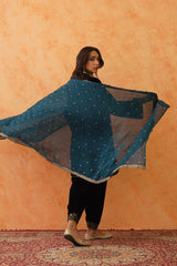 Black Velvet Embroidered Suit with Teal Contrast Dupatta- Inching India