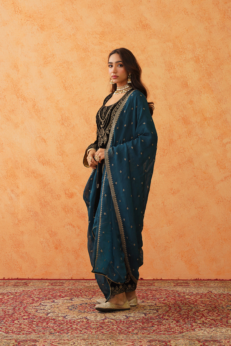 Black Velvet Embroidered Suit with Teal Contrast Dupatta