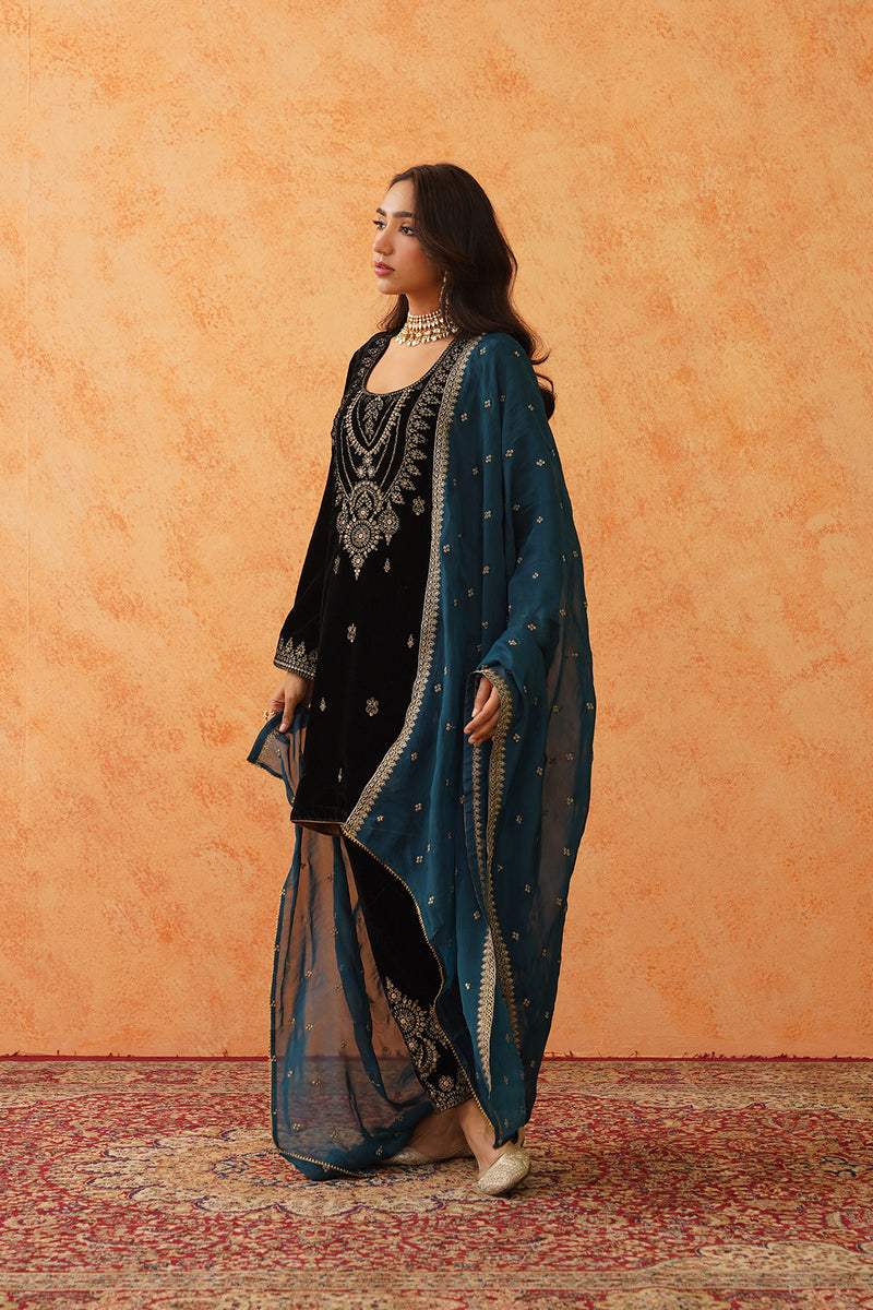 Black Velvet Embroidered Suit with Teal Contrast Dupatta- Inching India