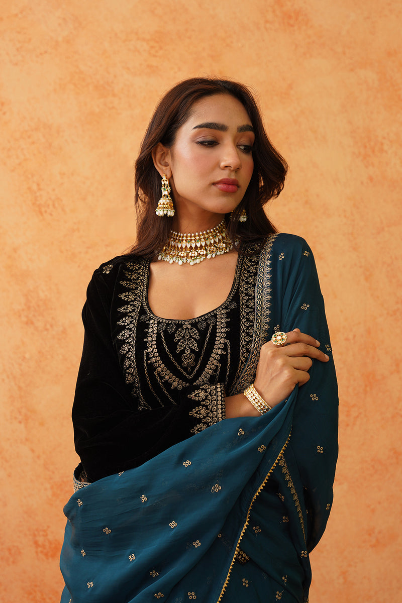 Black Velvet Embroidered Suit with Teal Contrast Dupatta