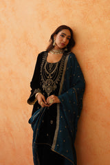 Black Velvet Embroidered Suit with Teal Contrast Dupatta