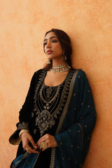 Black Velvet Embroidered Suit with Teal Contrast Dupatta