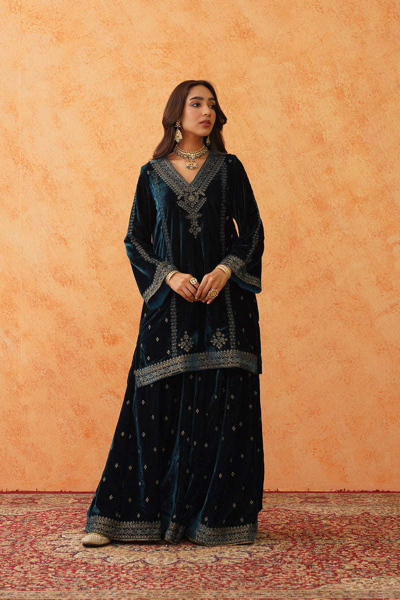 Teal Blue Velvet Embroidered Sharara Set- Inching India