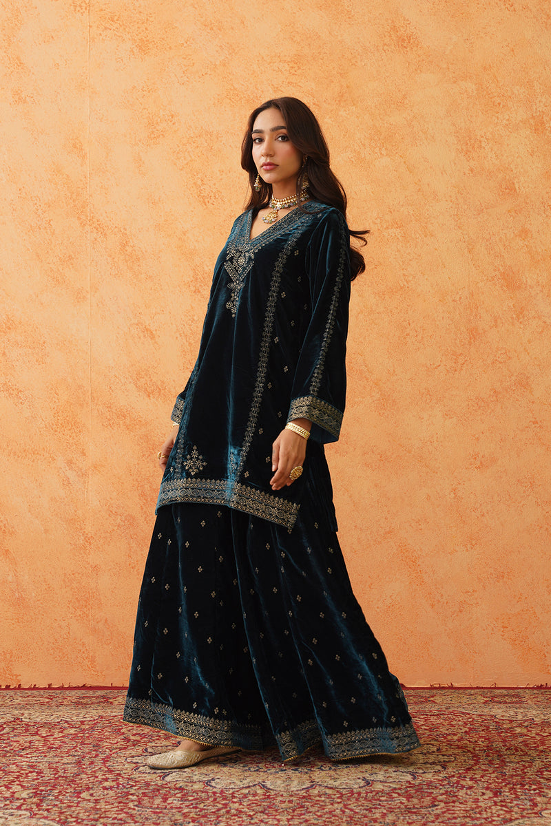 Teal Blue Velvet Embroidered Sharara Set