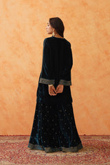 Teal Blue Velvet Embroidered Sharara Set