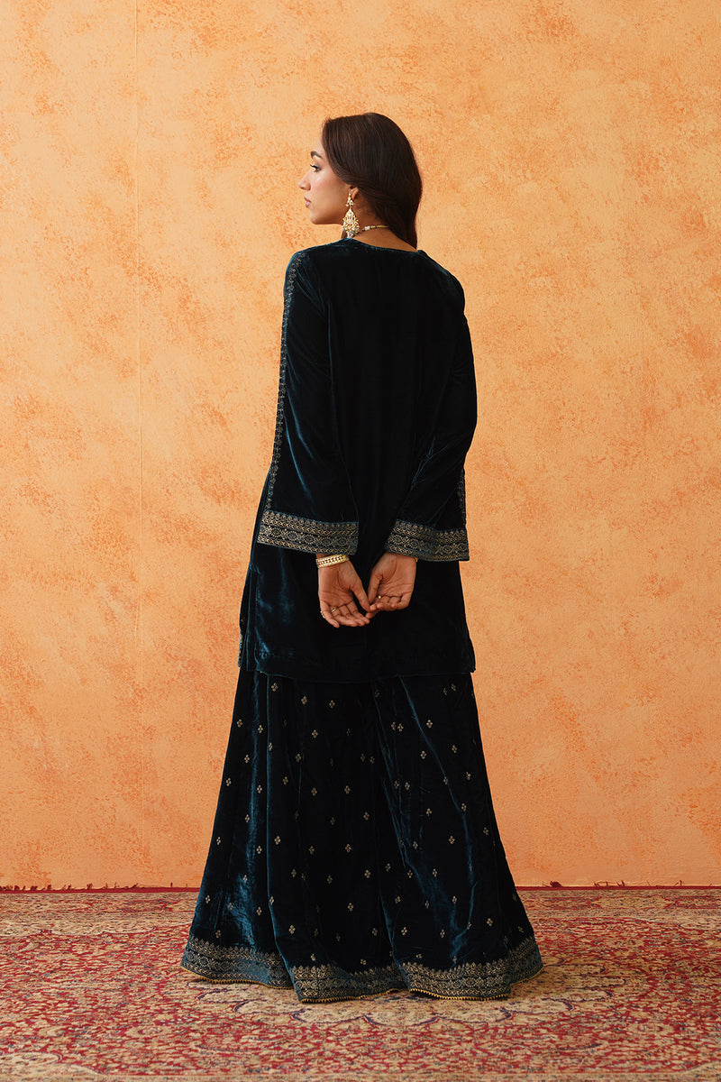 Teal Blue Velvet Embroidered Sharara Set- Inching India