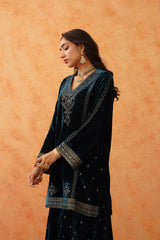 Teal Blue Velvet Embroidered Sharara Set