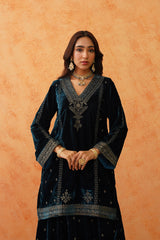 Teal Blue Velvet Embroidered Sharara Set