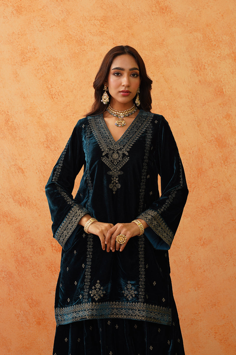 Teal Blue Velvet Embroidered Sharara Set- Inching India