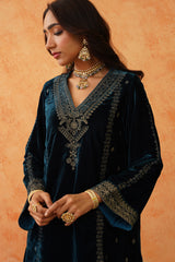 Teal Blue Velvet Embroidered Sharara Set- Inching India