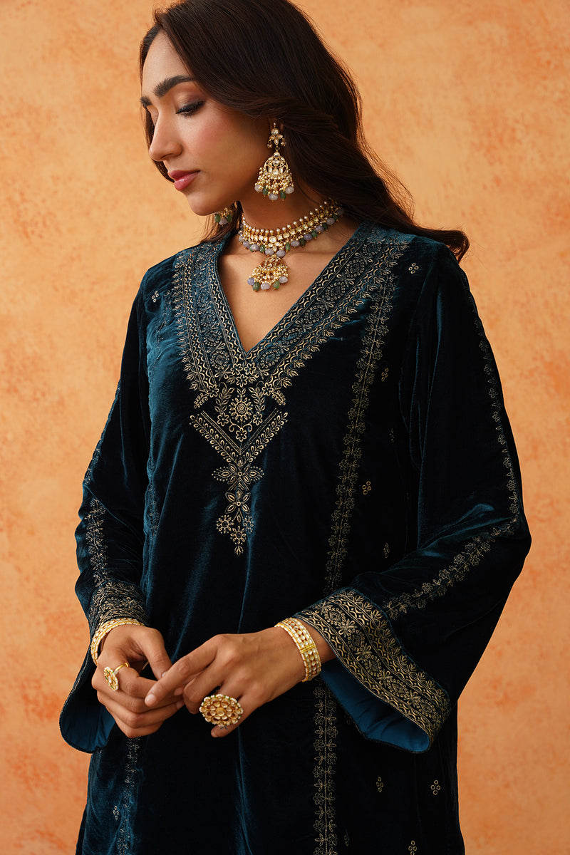 Teal Blue Velvet Embroidered Sharara Set