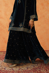 Teal Blue Velvet Embroidered Sharara Set- Inching India