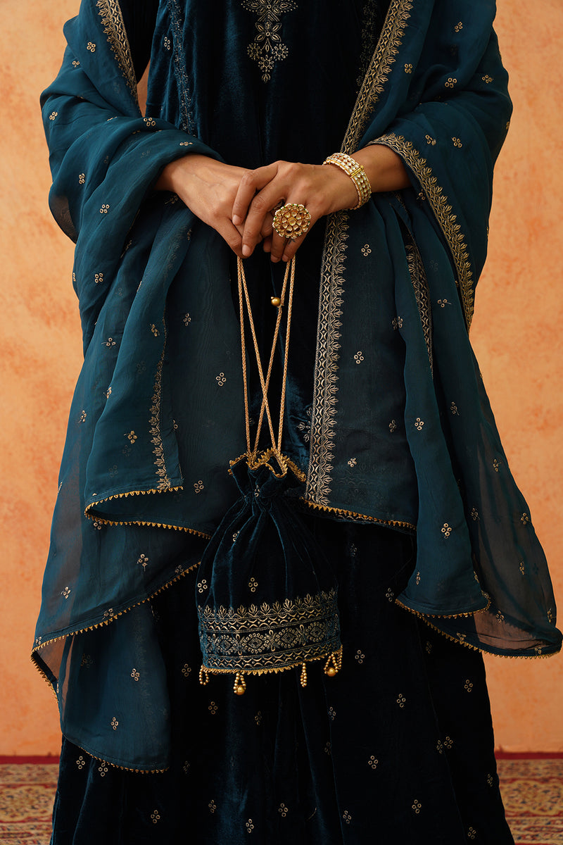 Teal Blue Velvet Embroidered Sharara Set