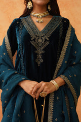 Teal Blue Velvet Embroidered Sharara Set