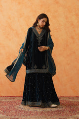 Teal Blue Velvet Embroidered Sharara Set- Inching India