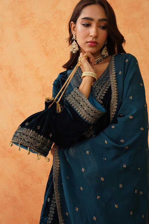 Teal Blue Velvet Embroidered Sharara Set