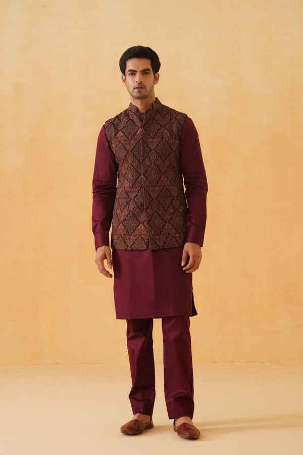 Wine Embroidered Paisley Jacket with Kurta & Pant- Inching India