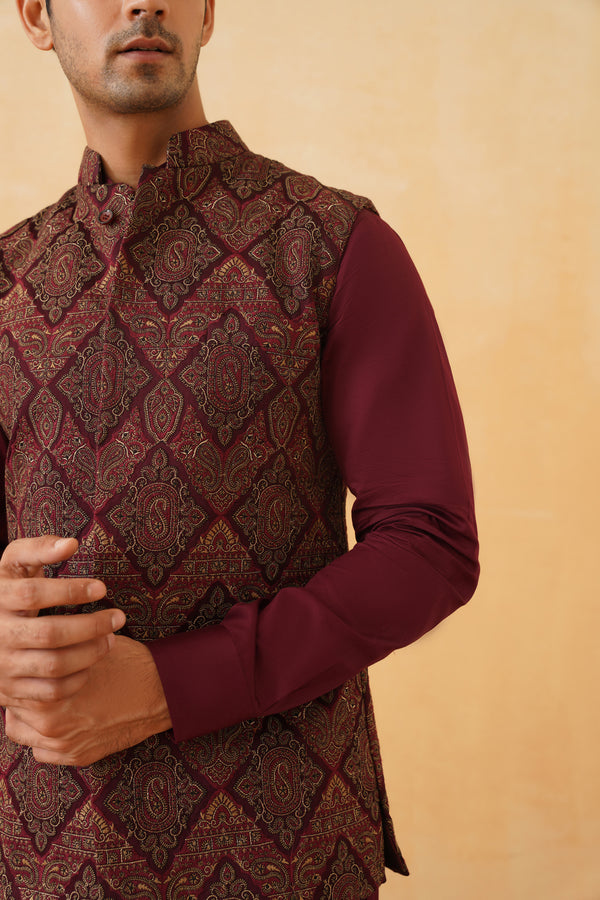 Wine Embroidered Paisley Jacket with Kurta & Pant- Inching India