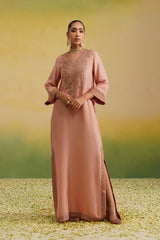 pink tissue kaftan dress, floor length, zardozi embroidery, hand embroidery, full view