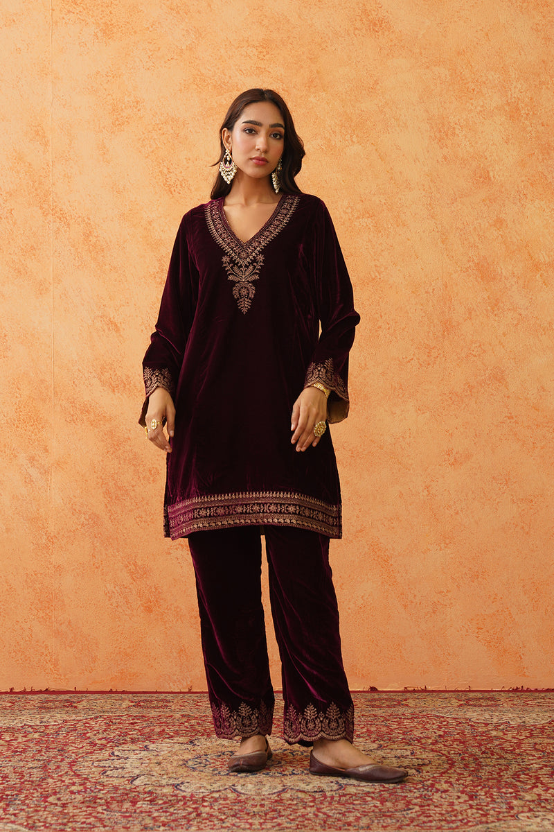 Safar Wine Velvet Embroidered Suit