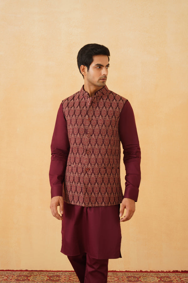 Wine colour Jacket kurta with straight pants