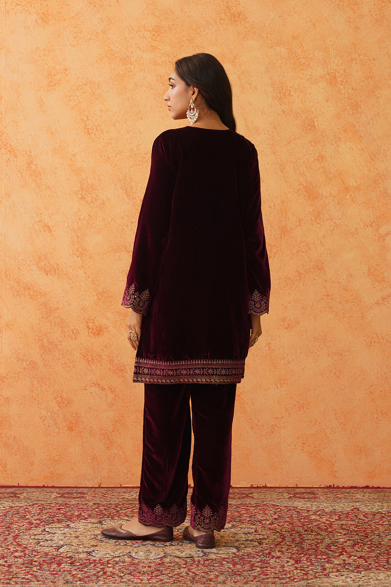 Safar Wine Velvet Embroidered Suit