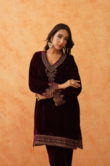 Safar Wine Velvet Embroidered Suit